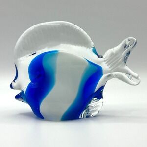 Hand Blown Glass Angel Fish Figurine Murano Style Blue White VTG Paperweight